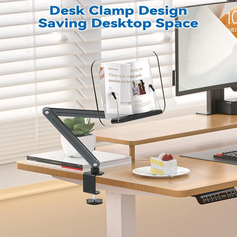 Desk Clamp Bookshelf For Reading, Ergonomic Design,Adjustable Height To 20 Inch With Swivel Base Cookbook Holder