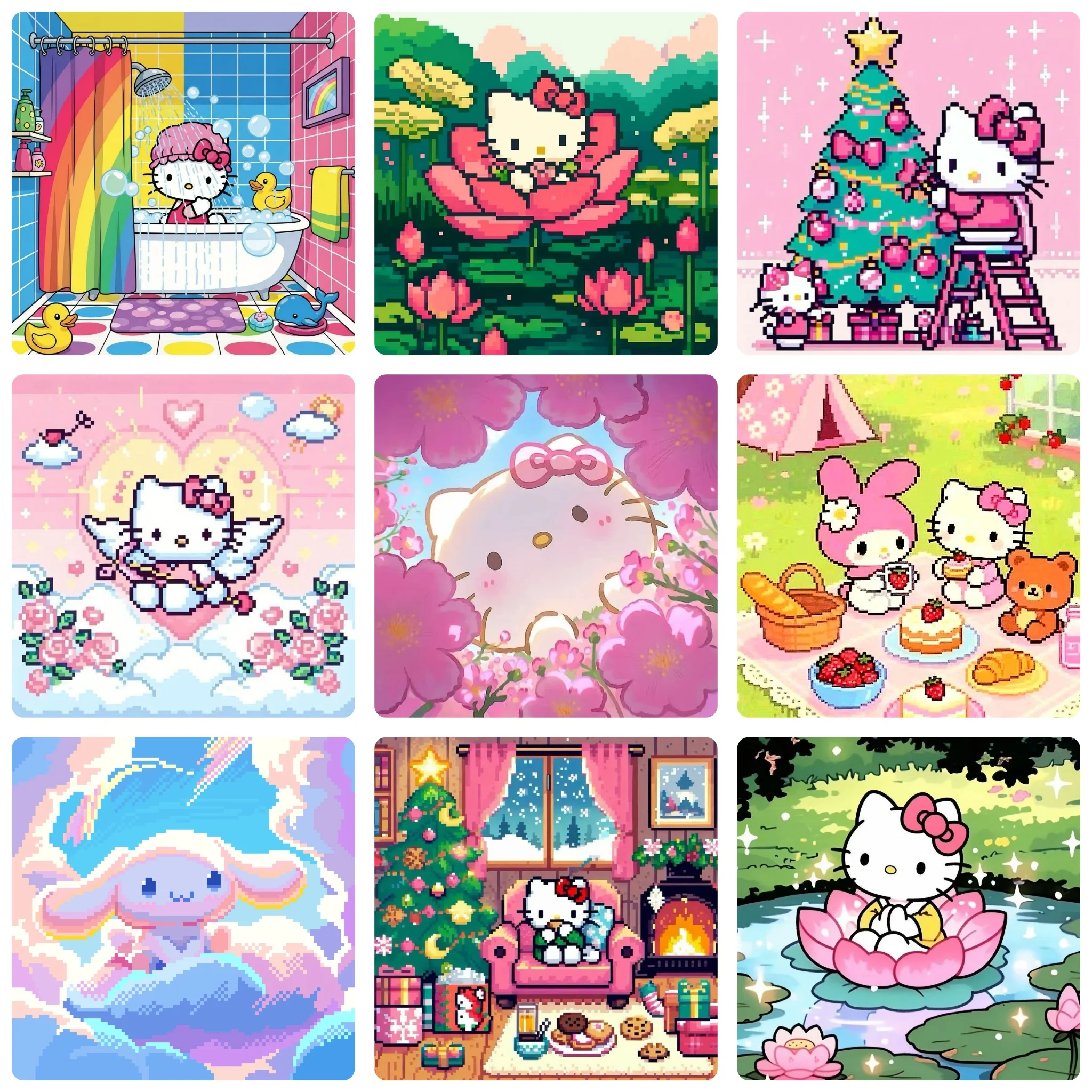 DIY 5D Diamantmalerei, Pixel-Stil Sanrio Kitty Fantasie-Szene Kunst, Hobby-Bastelset für die Wanddekoration zu Hause, ideales Geschenk für Kunstliebhaber