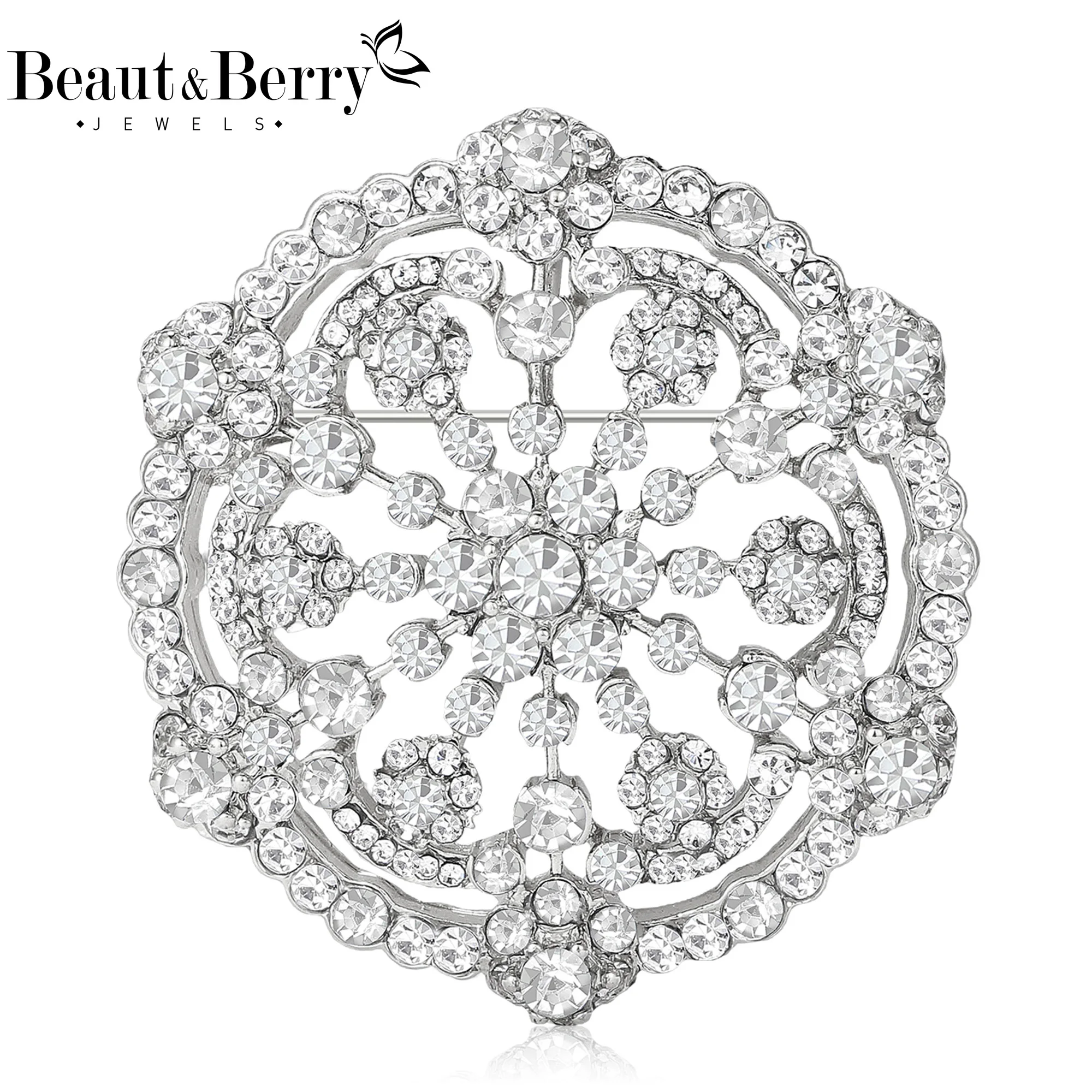 Beaut&Berry Luxury Christmas Rhinestone Snowflake Brooches for Women Unisex Trendy Pins New Year Friends Party Accessories Gifts
