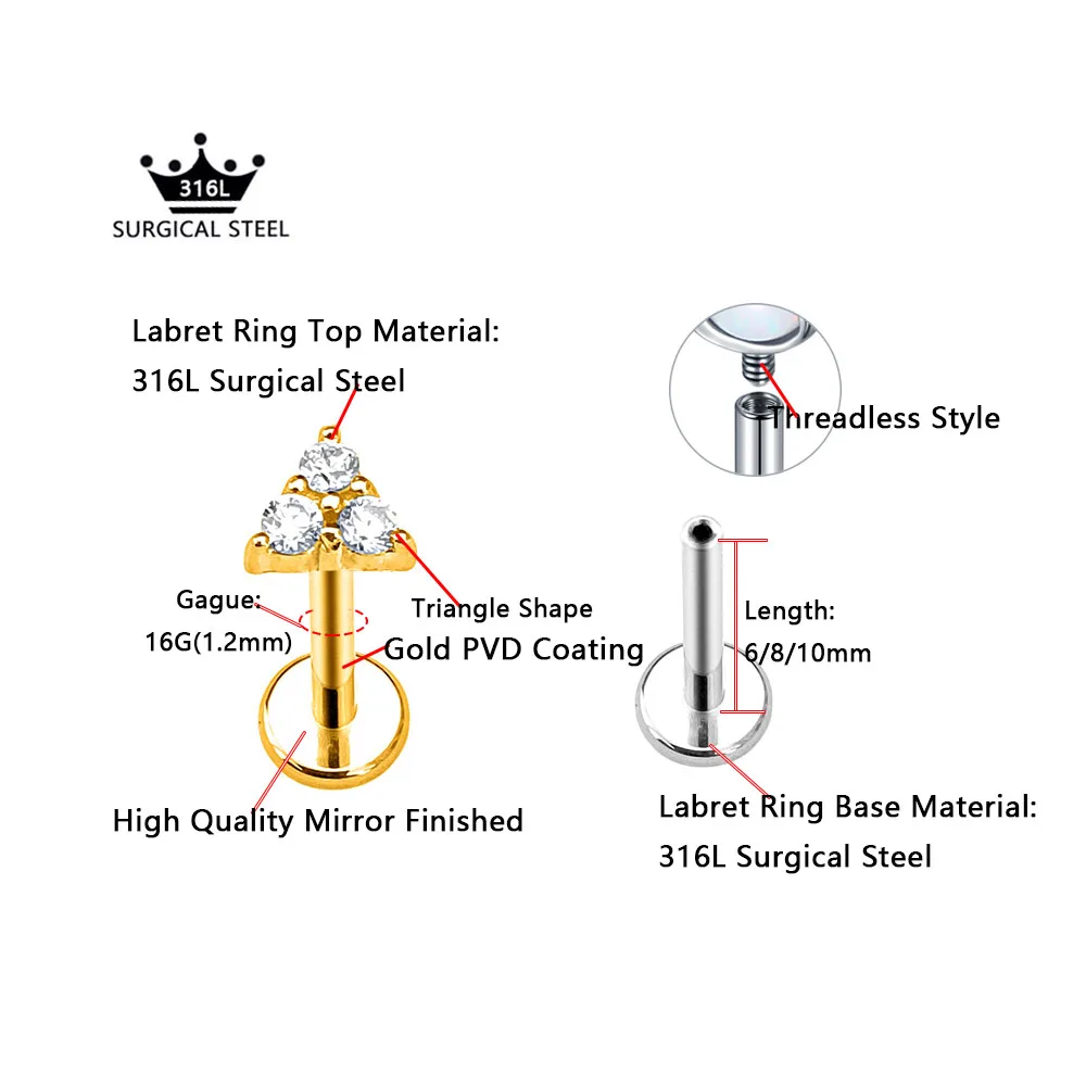 Flower Leaf Branch Petals Internal Thread Labret Piercing CZ Daith Conch Tragus Earring Lip Monroe Medusa Jewelry 16G