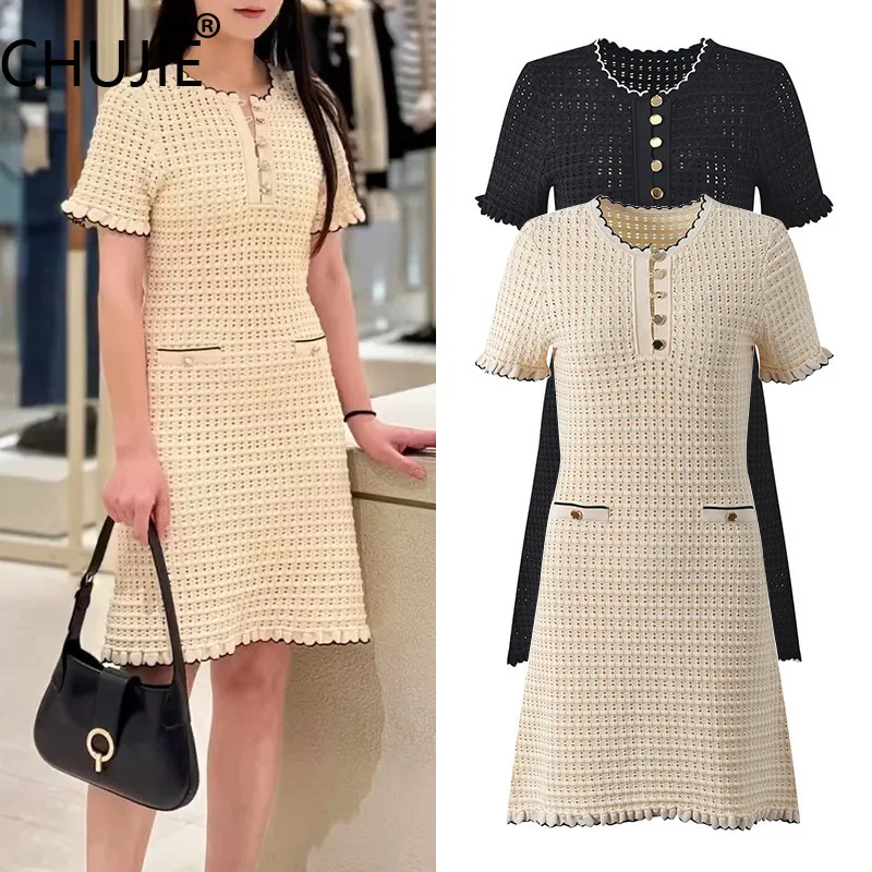 

CHUJIE Women's Dress Fashion French Trend Small Fragrant Style Lace Hollow Short Round Neck Knitted Dress 2025 Spring/Summer New