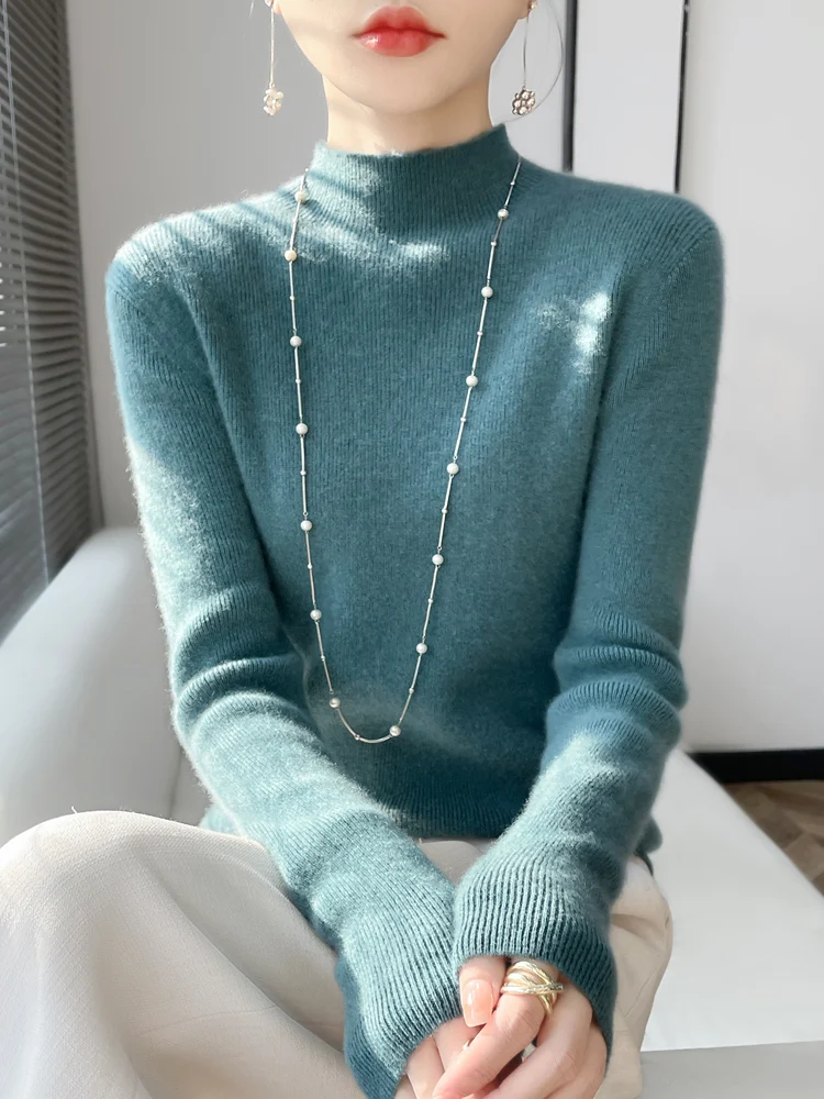 Suéteres negros con cuello simulado, suéter tejido para mujer, jerséis nuevos, prendas de punto ajustadas de manga larga, suéter de punto, jersey, Tops para mujer Q2224