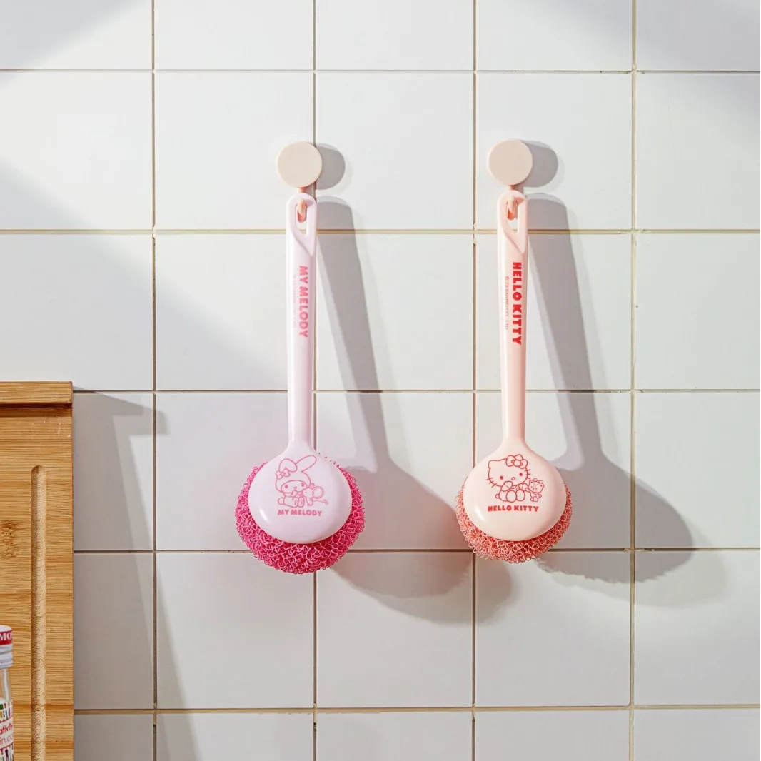 Sanrio kawaii Cartoon Cinnamoroll Kuromi Mymelody Kitchen Cleaning Brush Long Handle Pan Pot Brush Plate Bowl Dish Washing Tools