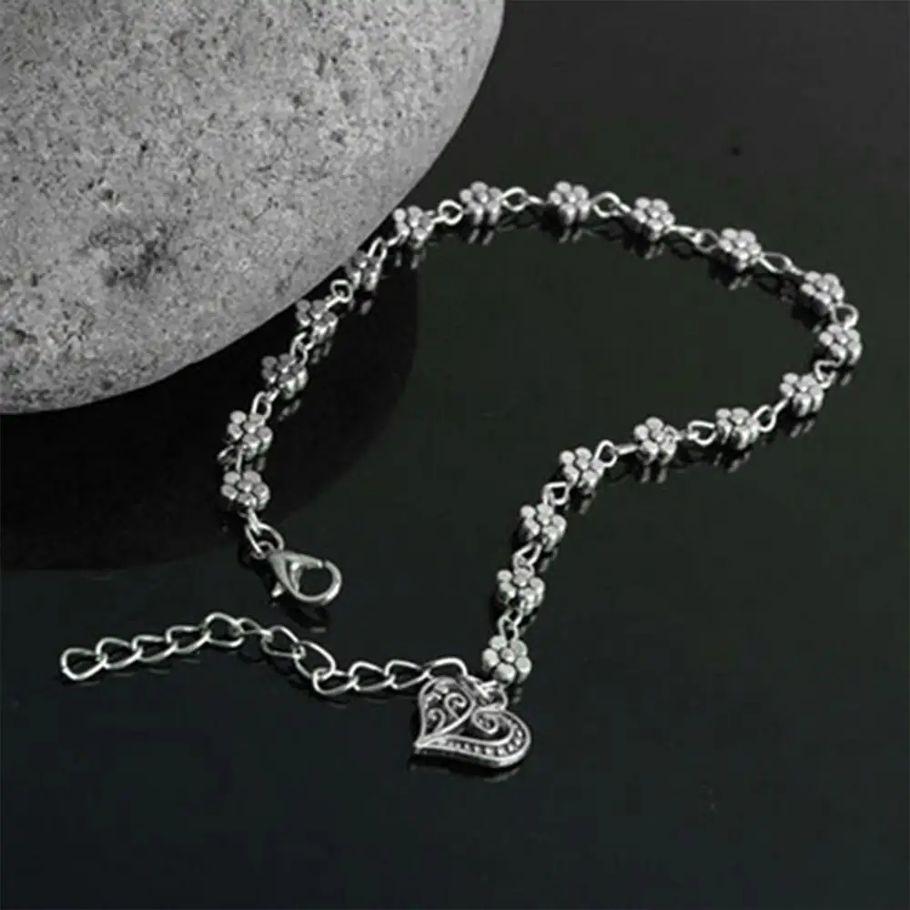 Vintage Retro Women's Anklet Heart Flowers Barefoot Sandal Beach Anklet Thin Chain Foot Jewelry