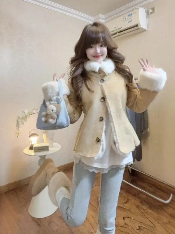 

Korean Sle Thiened Warmth Women's ort Coat with Fur Collar Design Sensation Small ence Winter Outerwear