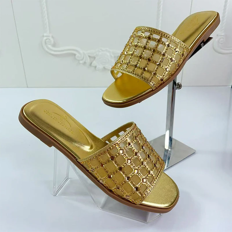 2024 Fashionable Luxury Top Italian Designers Party Bright Diamond Uppers Nigeria Summer Party Fallow Women's Slipper Grid Shoes