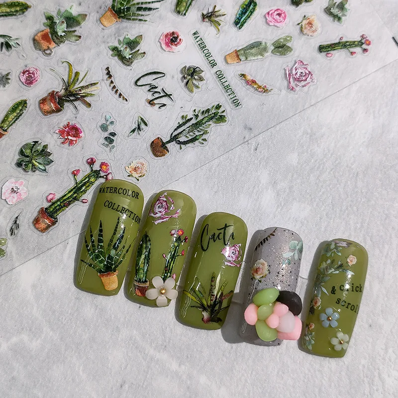 1 Sheet 5D Realistic Watercolor Green Cactus Aloe Pink Flowers Adhesive Nail Art Stickers Decals Manicure Ornaments Accessories