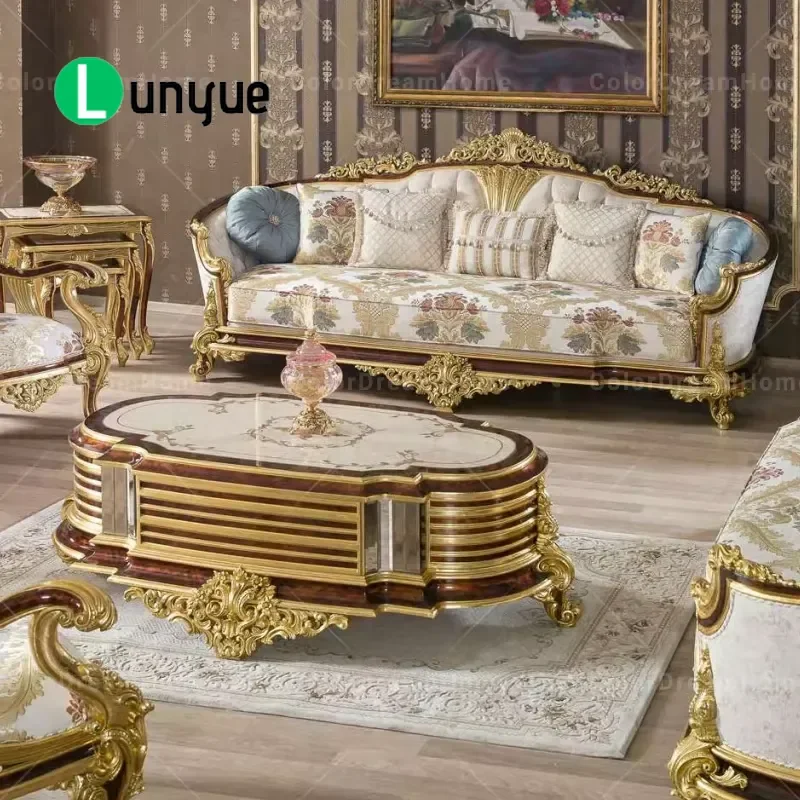 Luxury Turkish Style Living Room Sofa Cover Hand Carved Wooden Frame Gold Accent Furniture Home Decor Elegant Design