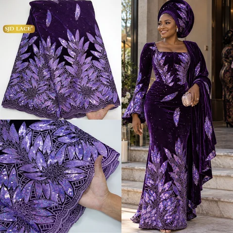 SJD LACE French Velvet Sequins Lace Fabric 2026 High Quality African Velvet Lace Nigerian Sequins Fabric For Women Dresses 3576