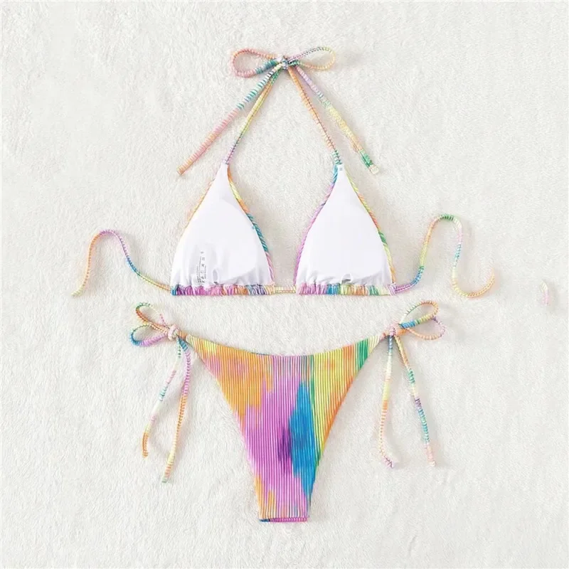 kleur tie-dye print badmode string halter driehoek bikini's set micro string sexy badpak dames badpak biquinis bikini