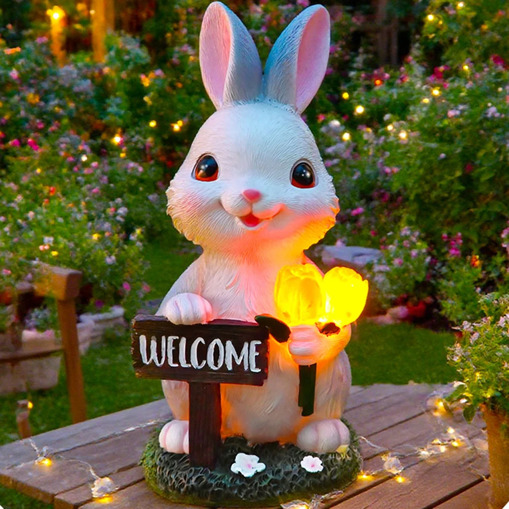 For Outdoor Solar Powered Bunny Statue Resin with LED Tulip for Garden Patio Porch Decoration 9 Inch Waterproof