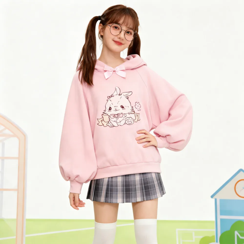 Damska bluza z kapturem na wiosnę 2026, z koronkowym dekoltem, urocza, w stylu Harajuku Kawaii, lolita, różowa, z haftem jagnięciny i cukierków, sudadera. — zdjęcie 5