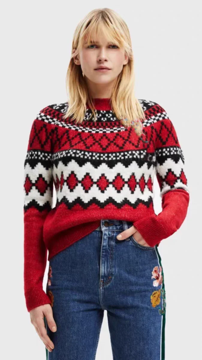 Foreign trade original single Spanish autumn and winter vintage jacquard shoulder knitted sweater for women