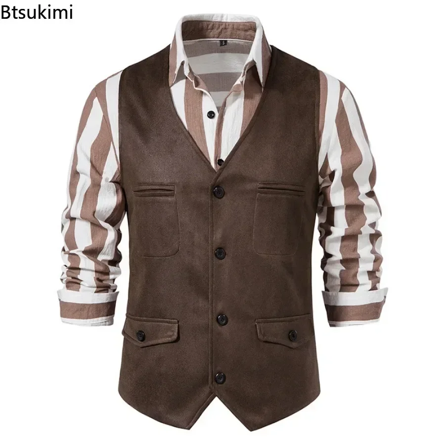 New 2025 Men's Vest V-neck Suede Single Breasted Vest Jacket Men Casual Business Party Waistcoat Fashion Solid Slim Vest for Men