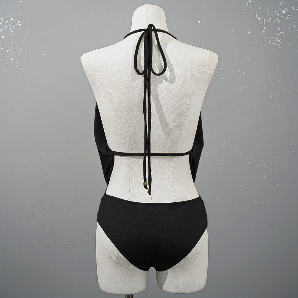 2024 Spring And Summer New Women's T-shirt Y2k Deep V Swing Neck Hanging Neck Tie Backless Bodysuit Casual Peplum Swimsuit Tops