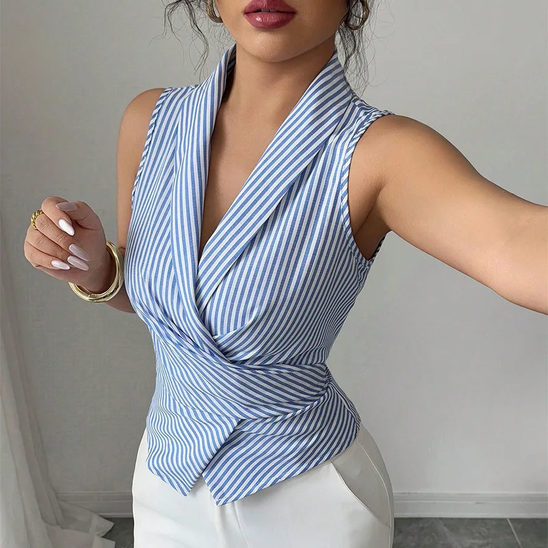Senhoras sem mangas camisa listrada moda cintura cinched viajando lapela verão cintura com decote em v colete arco camisa elegante