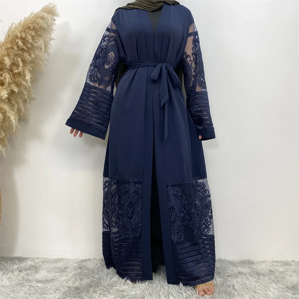 Casual Open Abaya Dubai Turkey Kaftan Muslim Cardigan Abaya Embroidery Lace-up Dresses for Women Casual Robe Kimono Femme Caftan