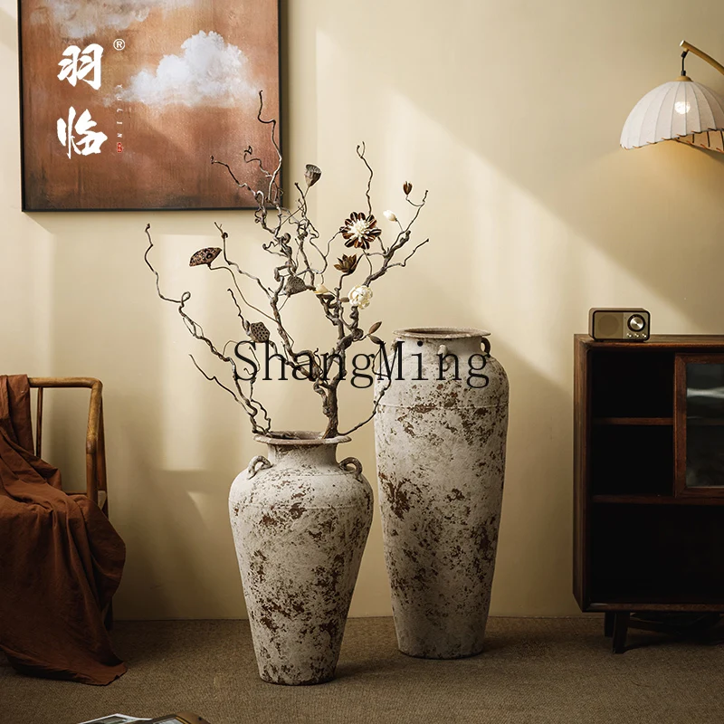 

HJ Jingdezhen old wabi-sabi three-ear sand white coarse pottery pot outdoor villa tree planting Zen floor large vase ceramic pot