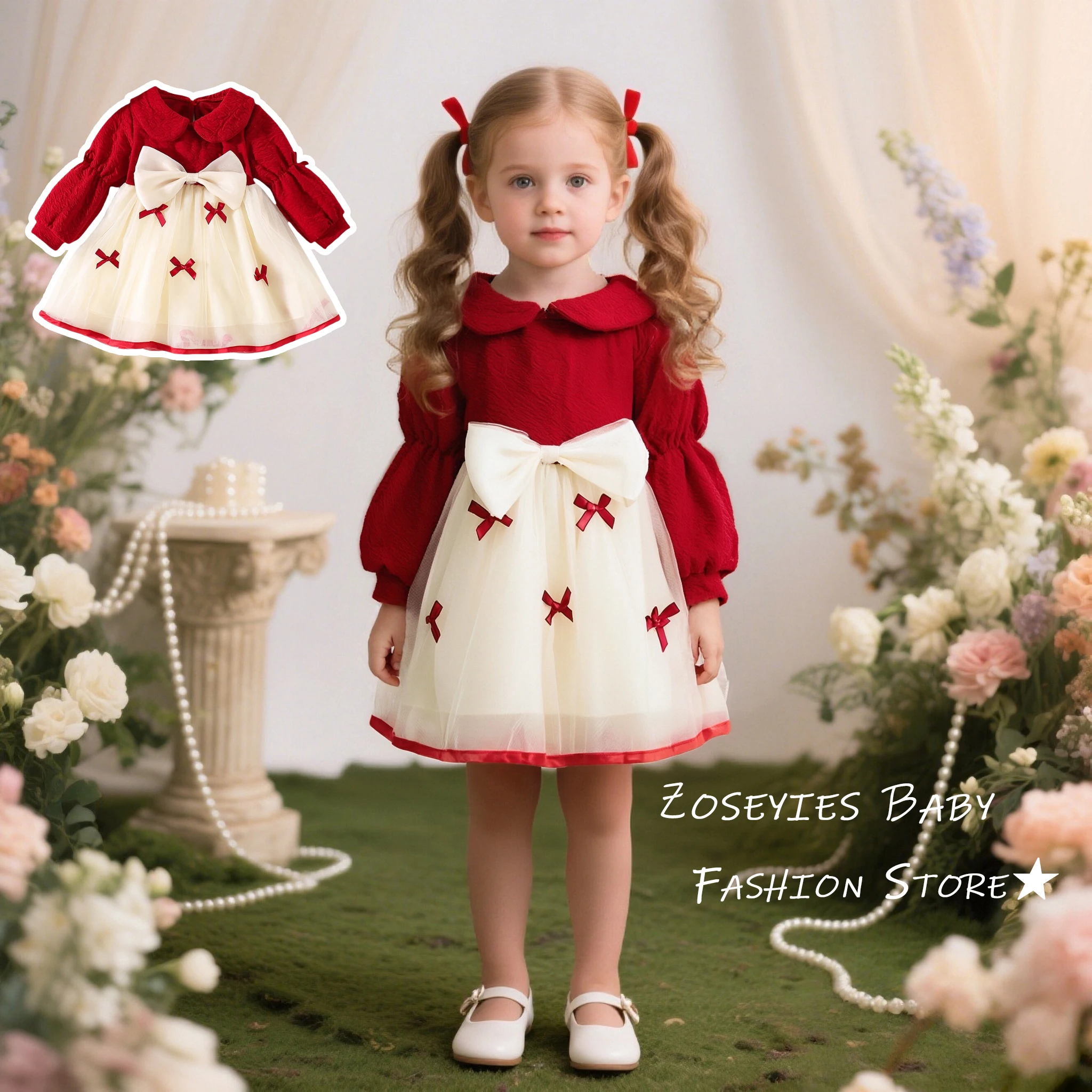 

Платье для маленьких девочек, осенне-зимнее сетчатое платье с бантом и длинными рукавами для девочек, милое рождественское платье для малышей, одежда для маленьких девочек ﻿