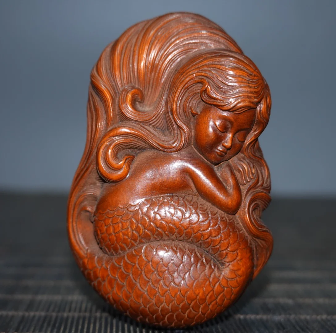 

Chinese natural boxwood carving charm carved mermaid statue amulet pendant