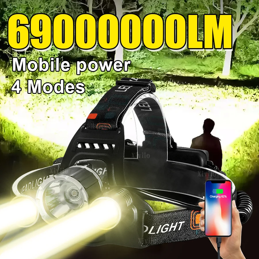 

Налобный фонарь 69000000Лм, перезаряжаемый, с 3 светодиодами, теплый белый свет, для активного отдыха, кемпинга, велоспорта, бега, рыбалки