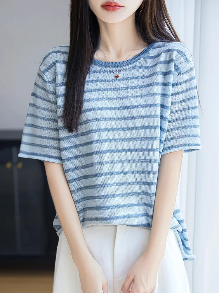 Summer New Pearl Linen ort Sve T-irt Women round Ne Striped Knitted Loose Casual Versatile Top Thin Sle
