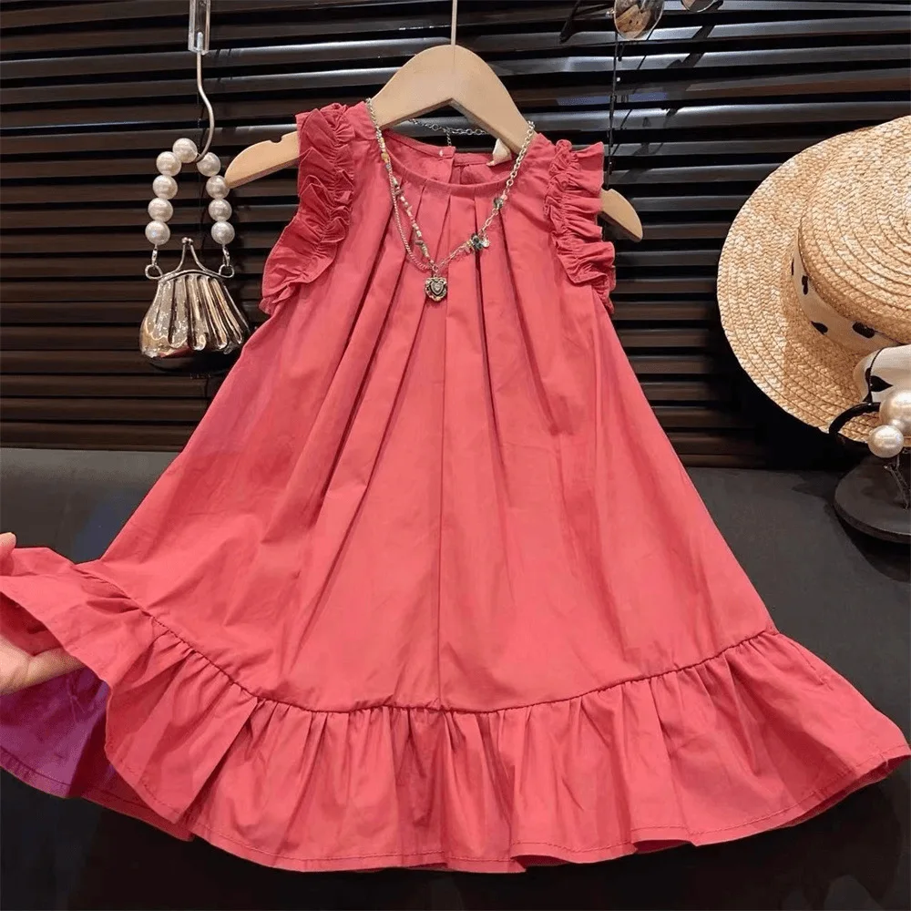 Girls Casual Dresses New Children Clothing Flower Edge Sleeveless Baby Sweet Princess 2024 Fashion Pleated Sweet Solid