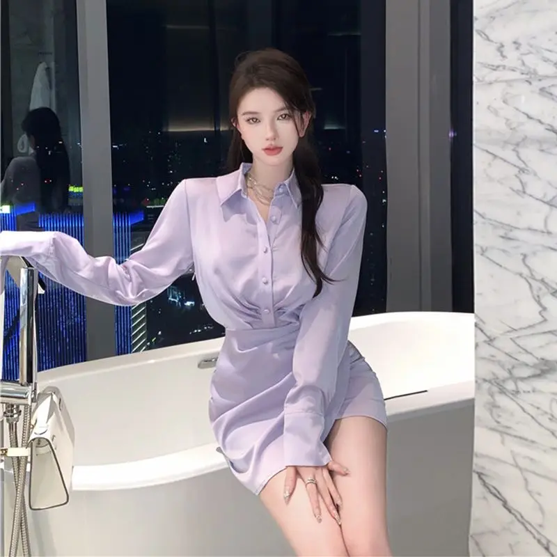 Ele P Purple Satin Long Sve irt Dr Women's Slimming Waist Cinched Bodycon Skirt Spring Autumn Ladylike Sle