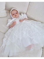 Infants Christening Dress 2 Piece White Lace Baptism Dress Bonnet Set With Ribbon Short Sleeve Newborns Flower Girls Custom Robe