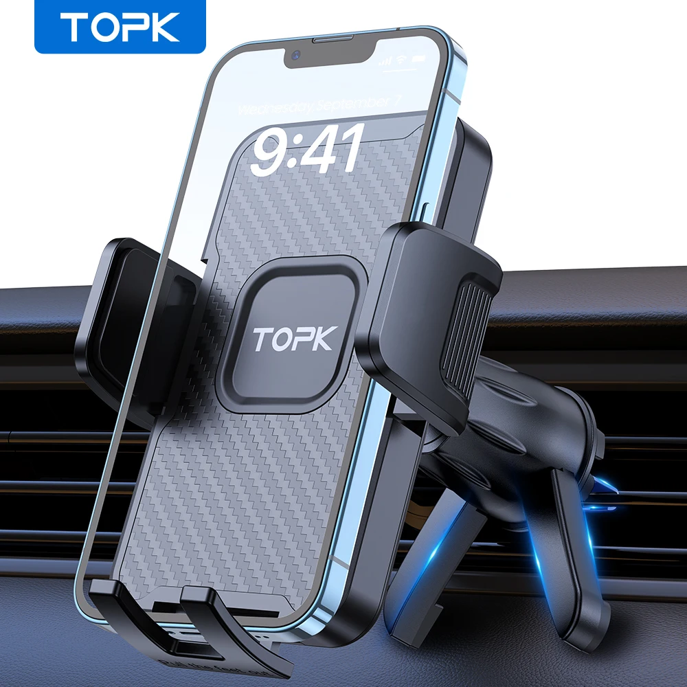 TOPK Car Phone Mount Holder for Air Vent Anti-Slip Mechanical Clamp for iPhone 17 16 15 Samsung S25 Ultra GPS Navigation Stand