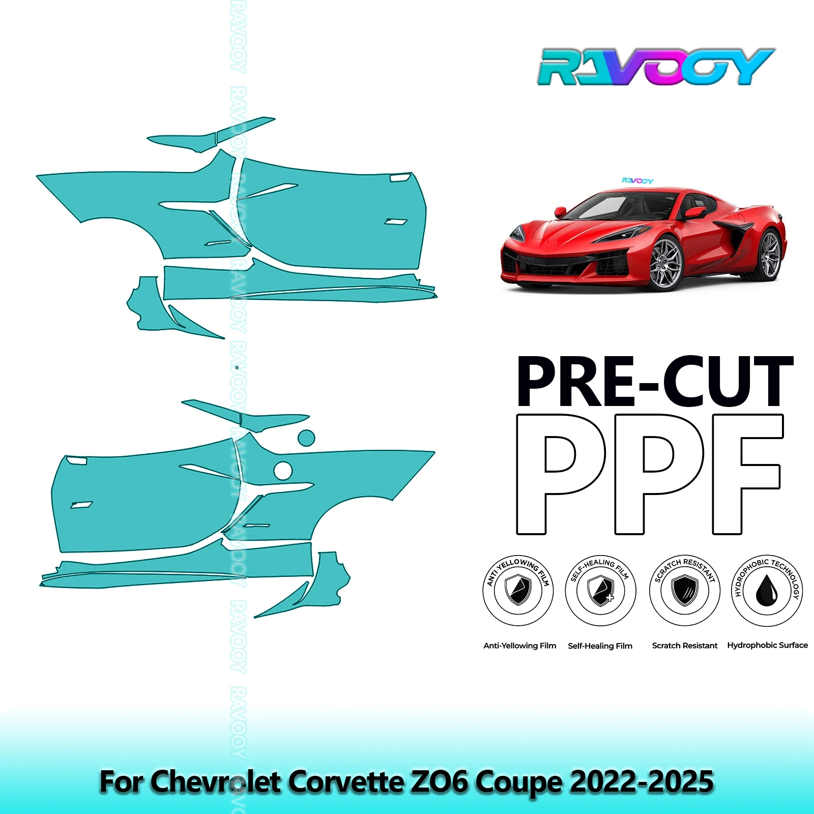 

For Chevrolet Corvette ZO6 Coupe 2022-2025 8.5mil Clear Matte Pre-Cut PPF Door & A/B Pillar Kit TPU Paint Protection Film Set