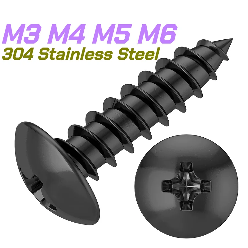 M3 M4 M5 M6 Black 304 Stainless Steel Large Flat Head Phillips Recessed Truss Head Self-tapping Screw Cross Mushroom Head Screws