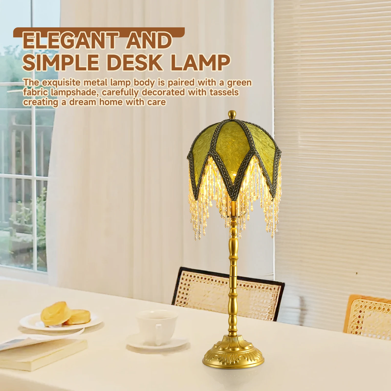 

Vintage Tassel Table Lamp with Beaded Lampshade, 3 Color Temperatures, Green and Gold, Victorian Style - C