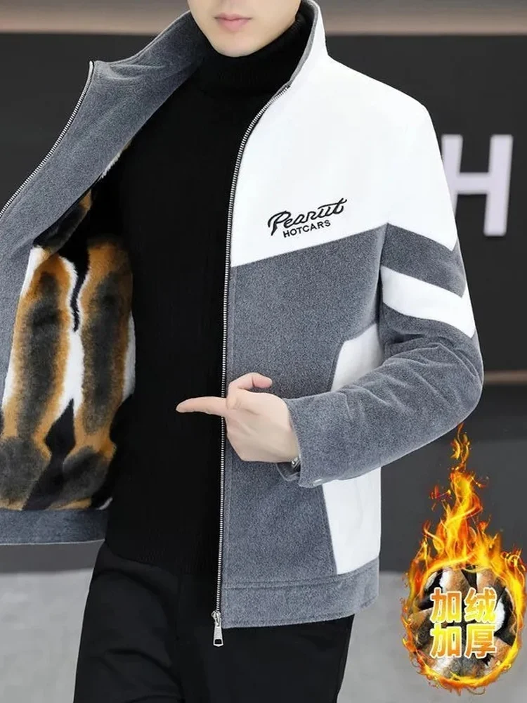 

Модная зимняя мужская шерстяная куртка на флисовой подкладке с молнией, теплая, в стиле колор-блок, городской стиль, с длинными рукавами, стандартный крой