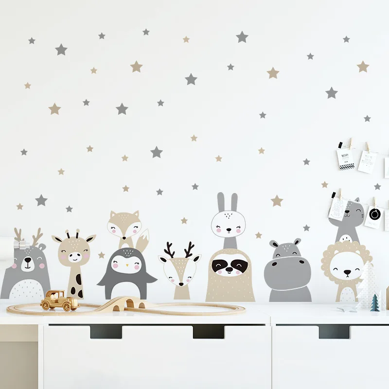 Cartoon Animal Wall Sticker for Kids Room Baby Nursery Room Decoration Children's Bedroom Wall Decals Kindergarten Wallpaper