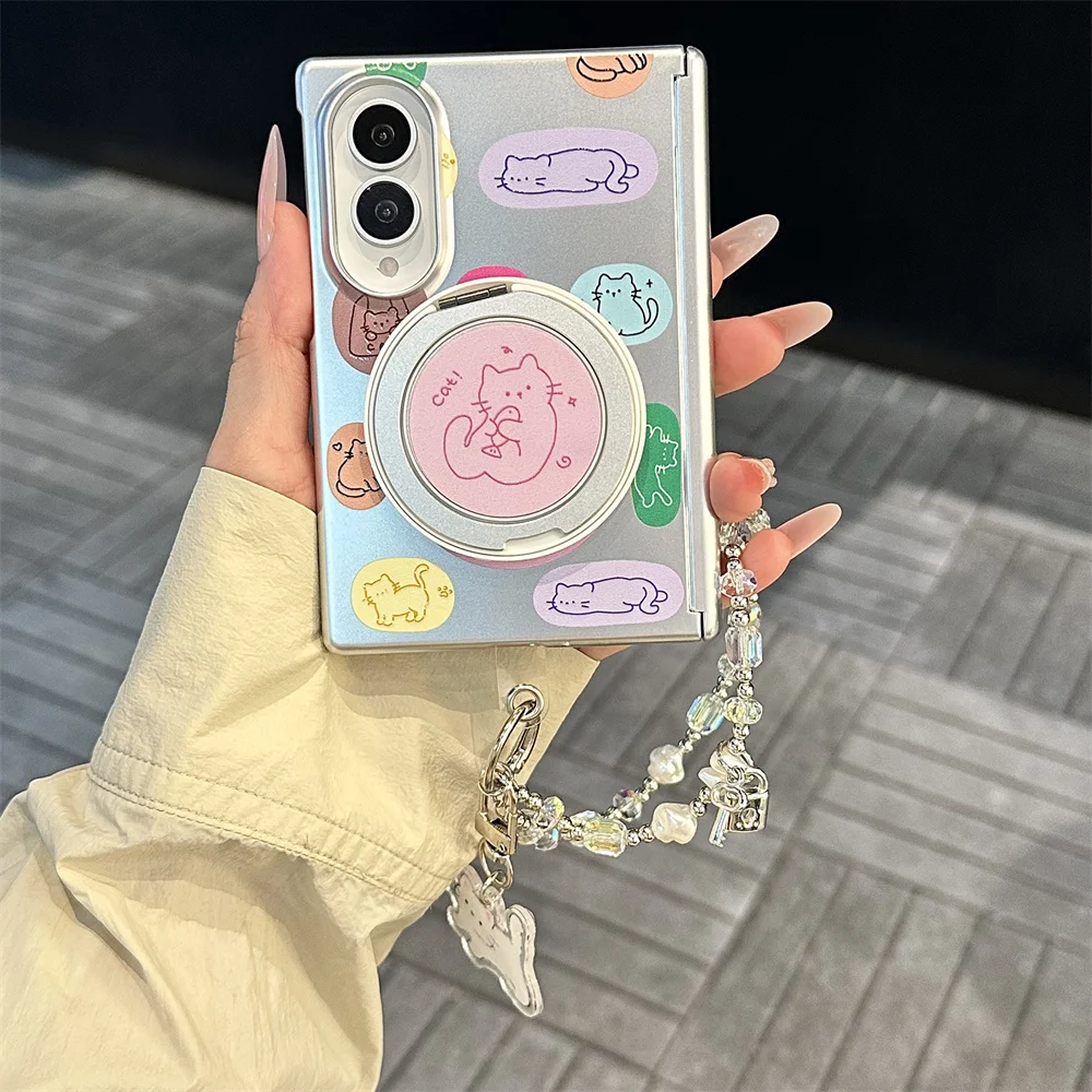 Cute Cartoon Cat Print Phone Case For Samsung Galaxy Z Fold8 Mirror Bracket Crystal Bead Wrist Strap Hinge Hard Foldable Shell