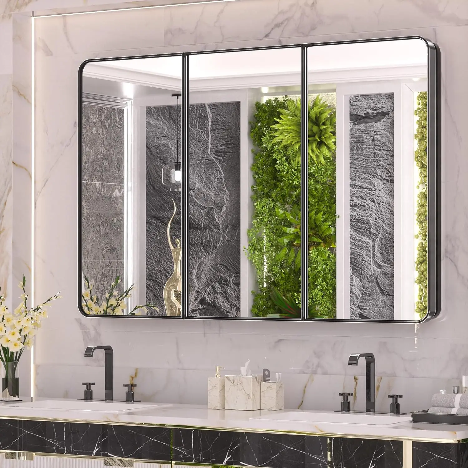 

Большие черные аптечки Keonjinn 48 x 32 дюйма, утопленный аптечка для ванной комнаты, черный каркас из нержавеющей стали, прочный и