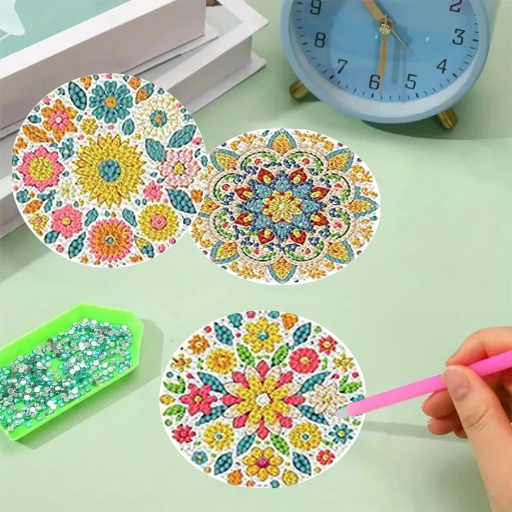 8-Piece Set/Diamond Painting Coaster Set, Flower Wreath Patterned Coaster (with Base) - Home DIY Handmade Art Set view 6