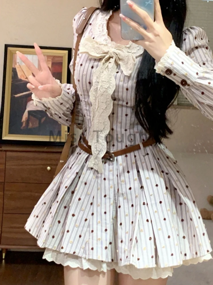 Winter Korean Fashion Sweet Stripe Dress Women Chic Floral Print Street Fashion Dresses New Preppy Style Elegant Clothing 2024