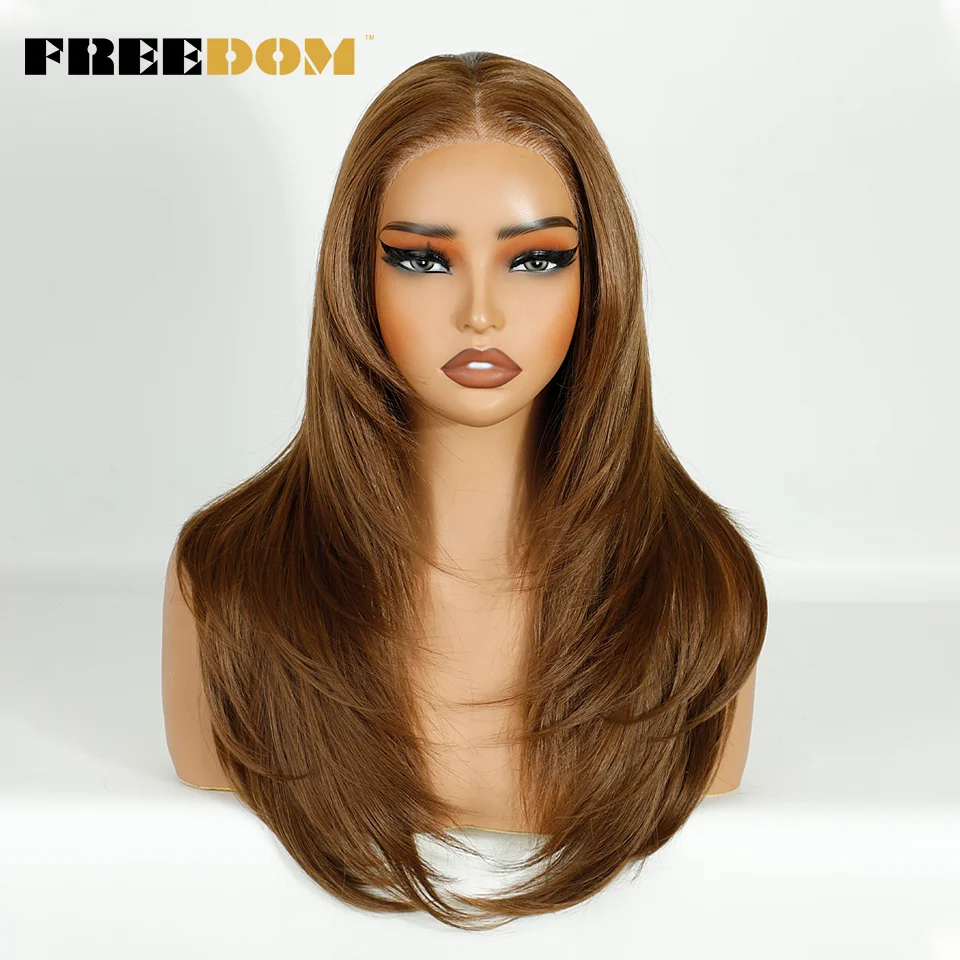 FREEDOM 13x3 Straight Pre Plucked Layered Lace Wig Synthetic Lace Front Wigs For Women 20 Inch Ombre Brown Blonde Daily Use Wigs