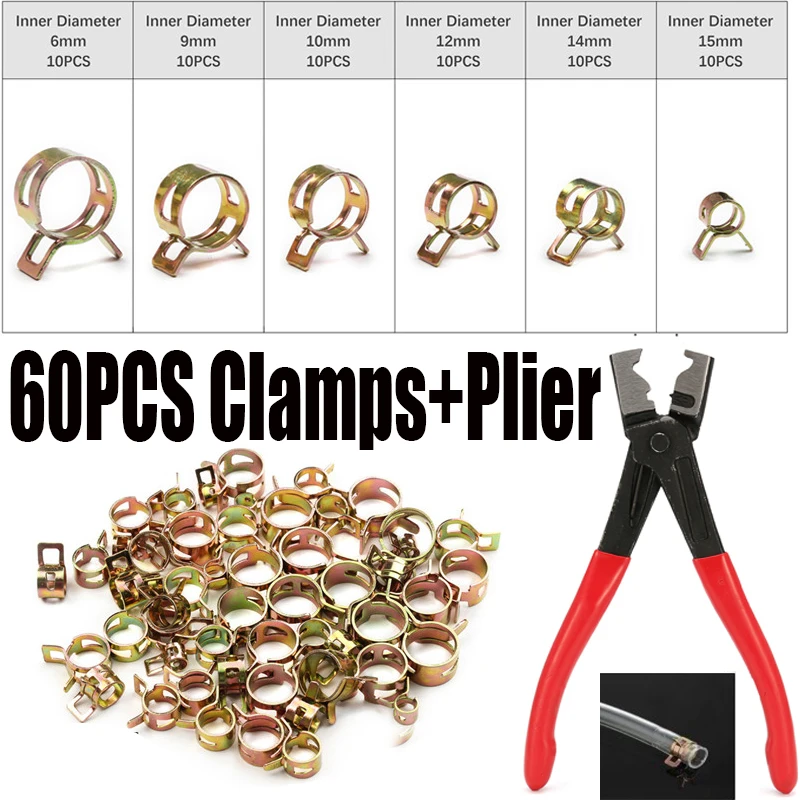 

60PCS 6-15mm Car & Truck Spring Clips Fuel Oil Water Hose Clip Pipe Tube Clamp Fastener Cooling Systems Parts Accessories +Plier