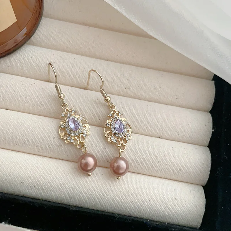 Parels Amethist Bengelen Oorbellen Voor Vrouwen 585 Rose Goud Kleur Piercing Bruiloft Sieraden Natuurlijke Zirkoon Oorbellen