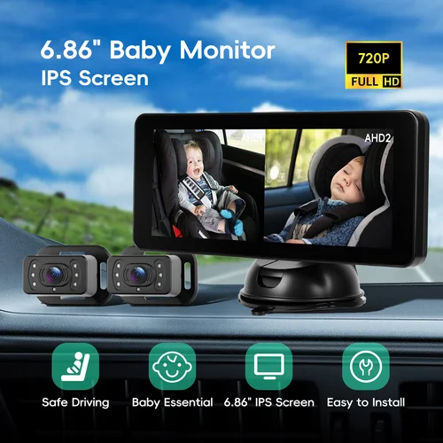 Imagen 2 del producto Podofo Monitor de bebé trasero de coche con pantalla IPS de 6,86 pulgadas con cámaras duales Monitor de respaldo gran angular AHD monitoreo de bebé en tiempo Real