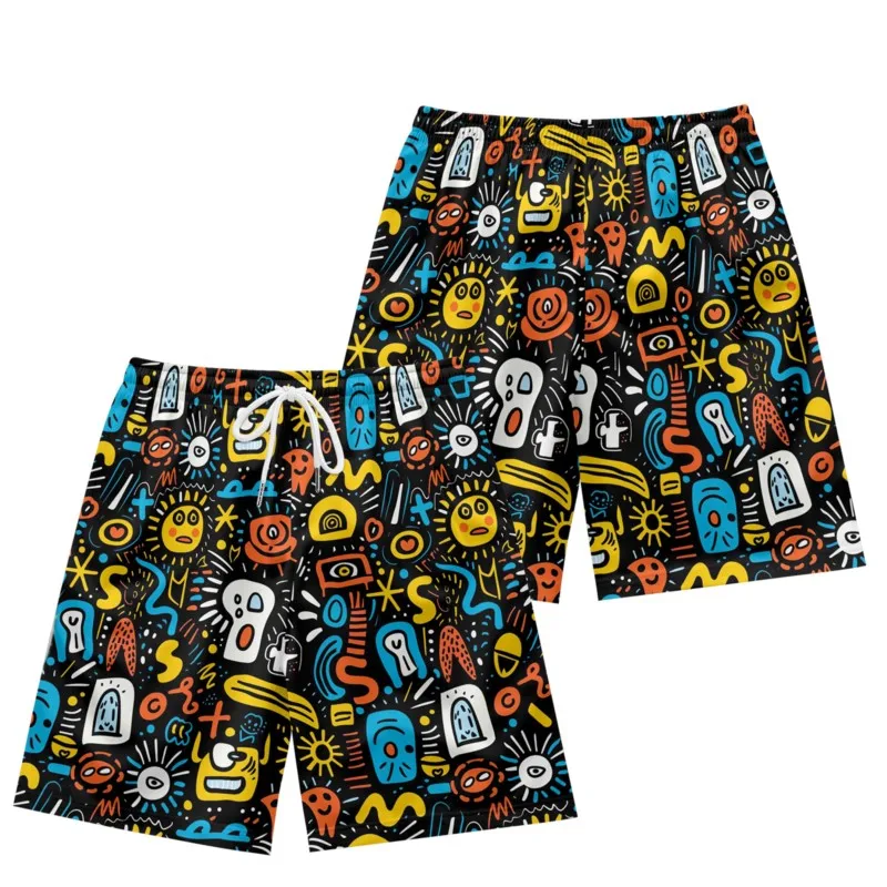 Colorful Graffiti Print Men's Drawstring Waist Shorts Quick Dry Polyester Breathable Beach Shorts Casual Sport Shorts