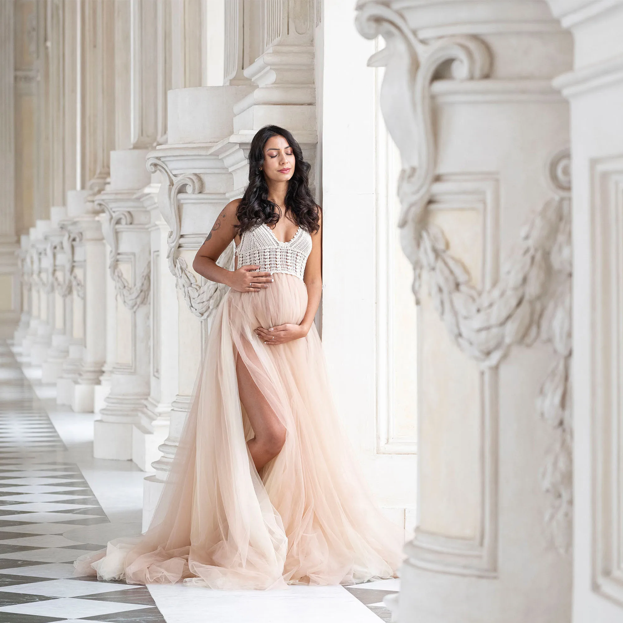 Don&Judy Sexy V Neck Backless Tulle Photoshoot Maternity Dresses Prom Bride Beach Birthday Party Wedding Robe Gown Photography