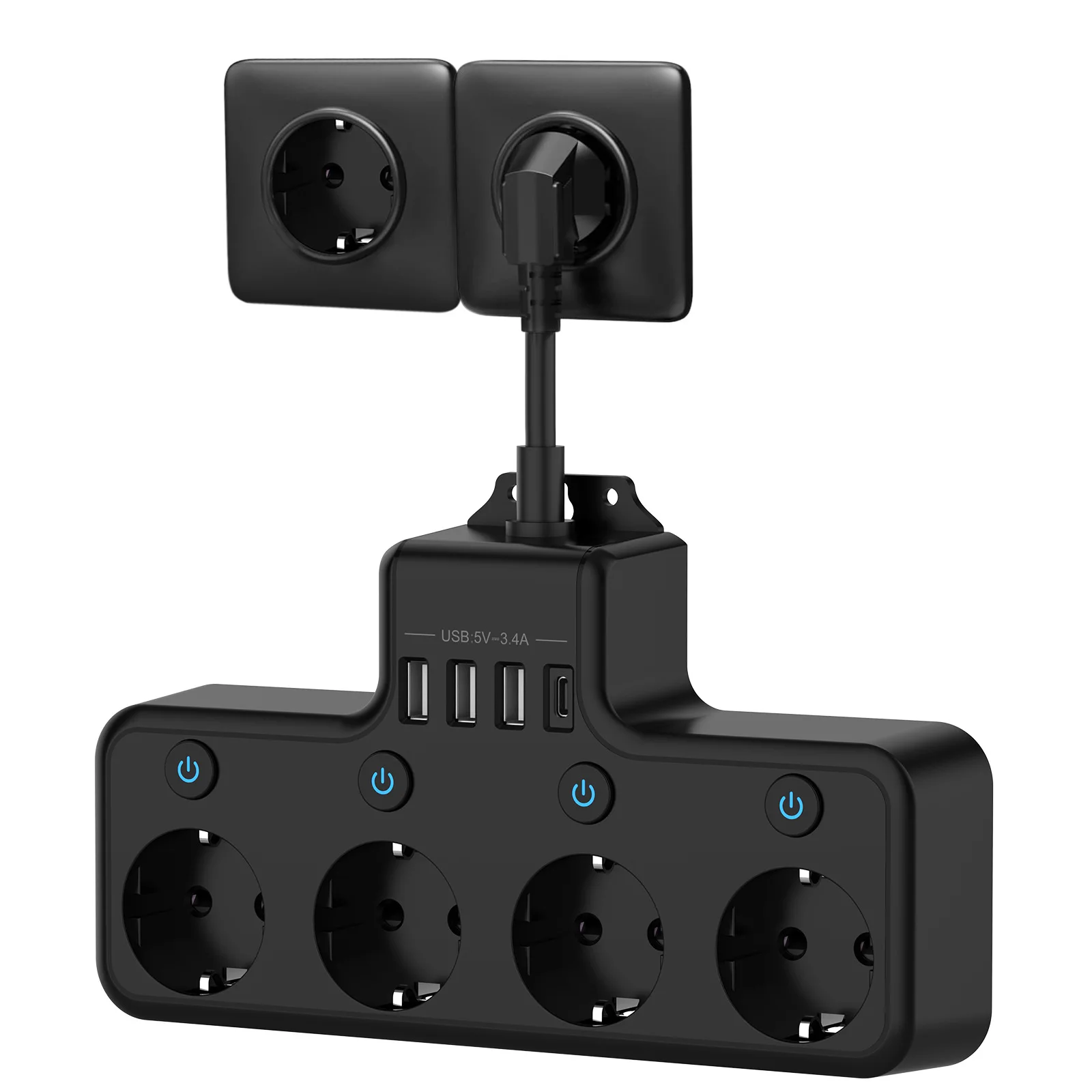 

EU Plug Power Strip 4000W 4-Position Plug Short Cord 4-Hole USB Plug Board Multi-function Socket with 3 USB and 1 Type-C Ports
