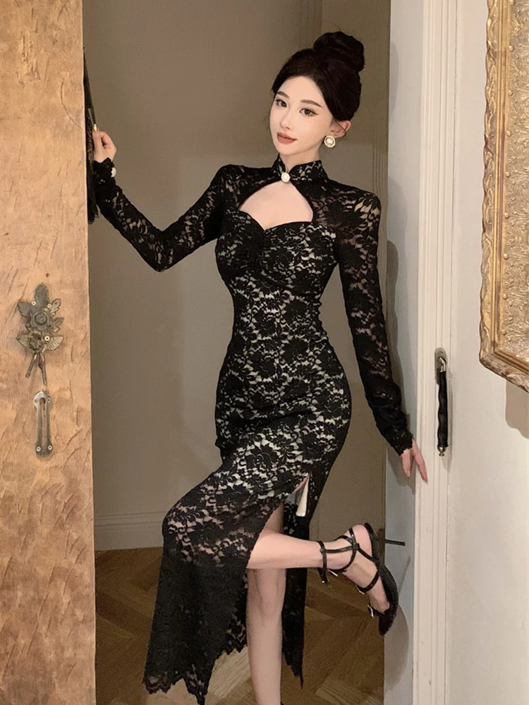 Vintage Celebrity Black Evening Party Dresses Women Sexy Qipao Sheer Cut Out Slit Maxi Robe Lady Prom Banquet Cheongsam Vestidos