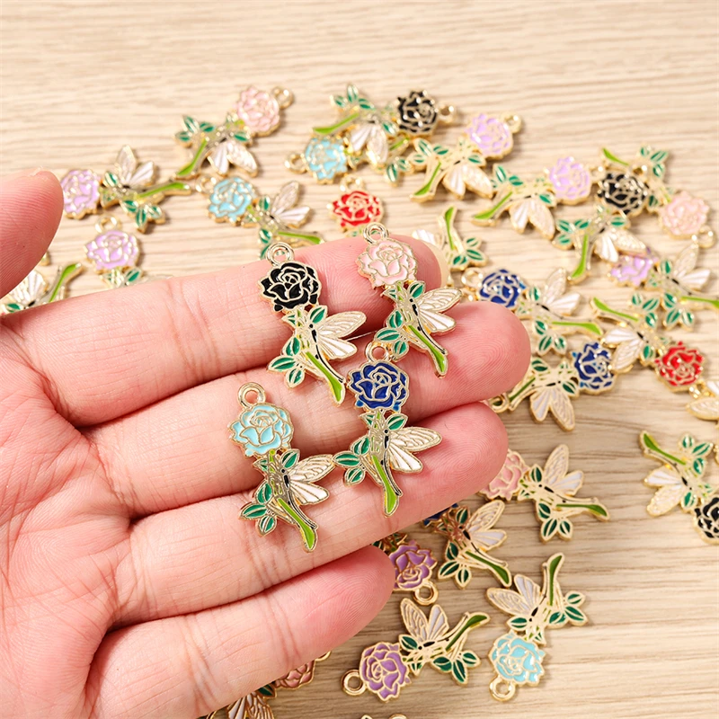 10 Stück 18x28mm Niedliche Emaille-Rosenblüten-Anhänger für Schmuckherstellung, Halsketten, Ohrringe, Armbänder, DIY-Bastelzubehör – Detail 3
