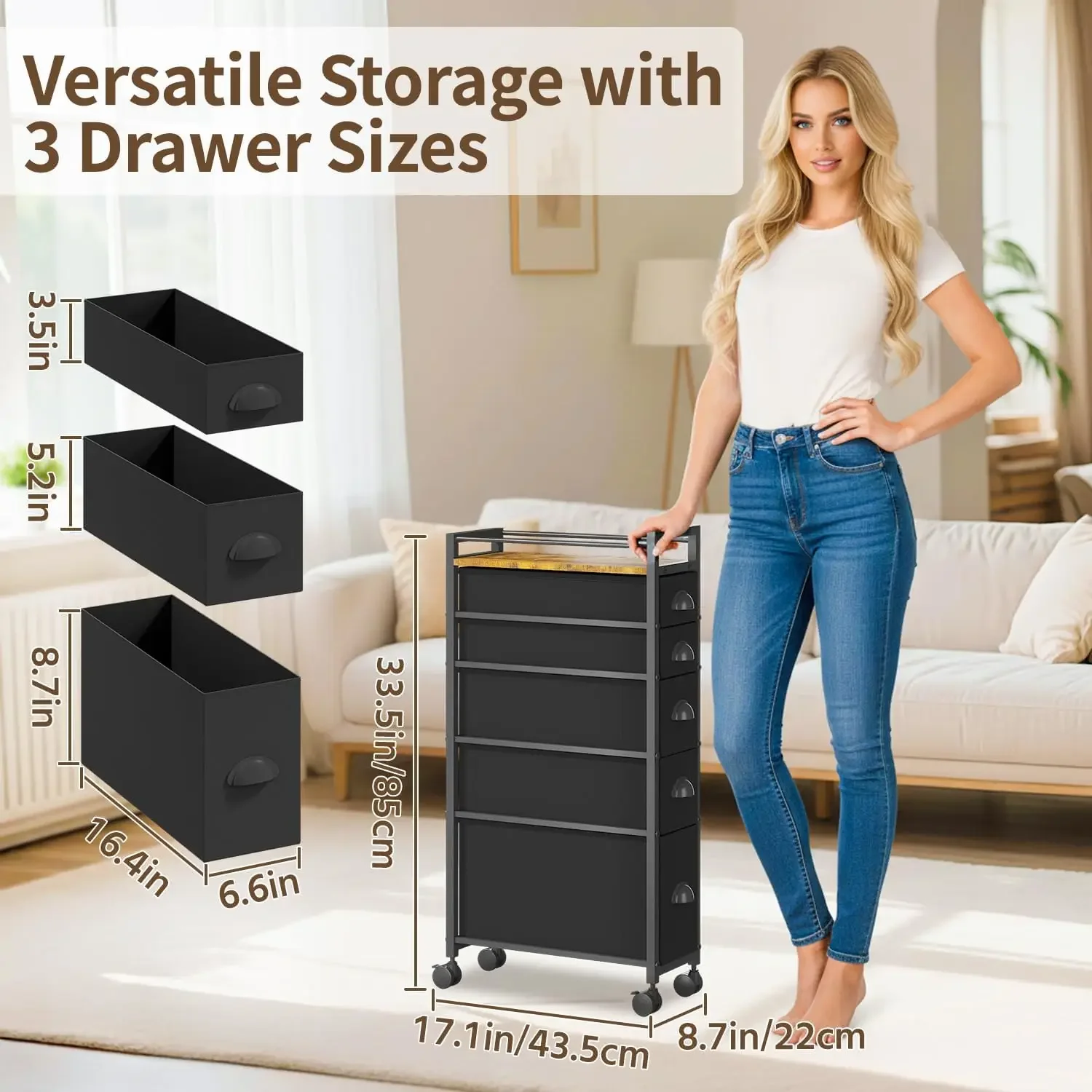 5 Drawer Narrow Dresser Slim Cabinet Skinny Storage Tower Chest Ideal for Small Spaces Bathroom Between Washer and Dryer