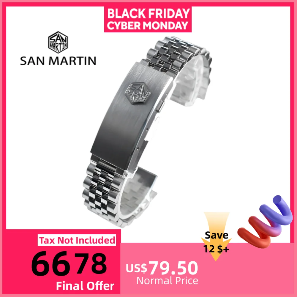 

Юбилейный браслет San Martin, 20 мм, 5 звеньев, твердая нержавеющая сталь 316L, регулируемая застежка, изогнутые концы, подходят для SN0008/SN0128